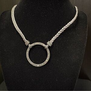 Silver Braided Chain Necklace with Crystal Circle Pendant